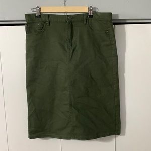 Olive Green Stretchy Denim Pencil Skirt with Pockets